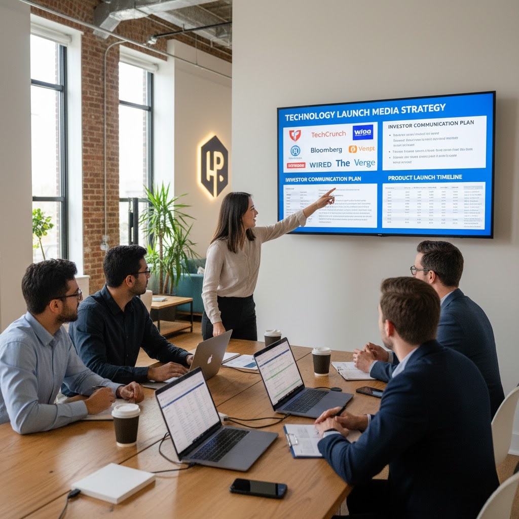 Startup founders meeting with PR agency team to plan innovation PR campaign.