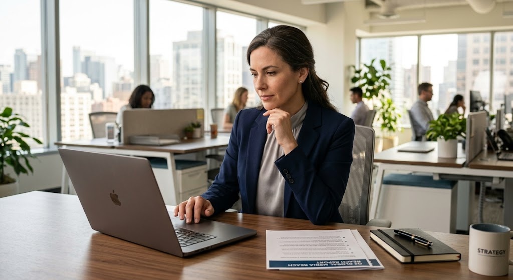 Alt text: B2B brand executive reviewing positive press clippings and media coverage analytics on a laptop in a modern open-plan office.