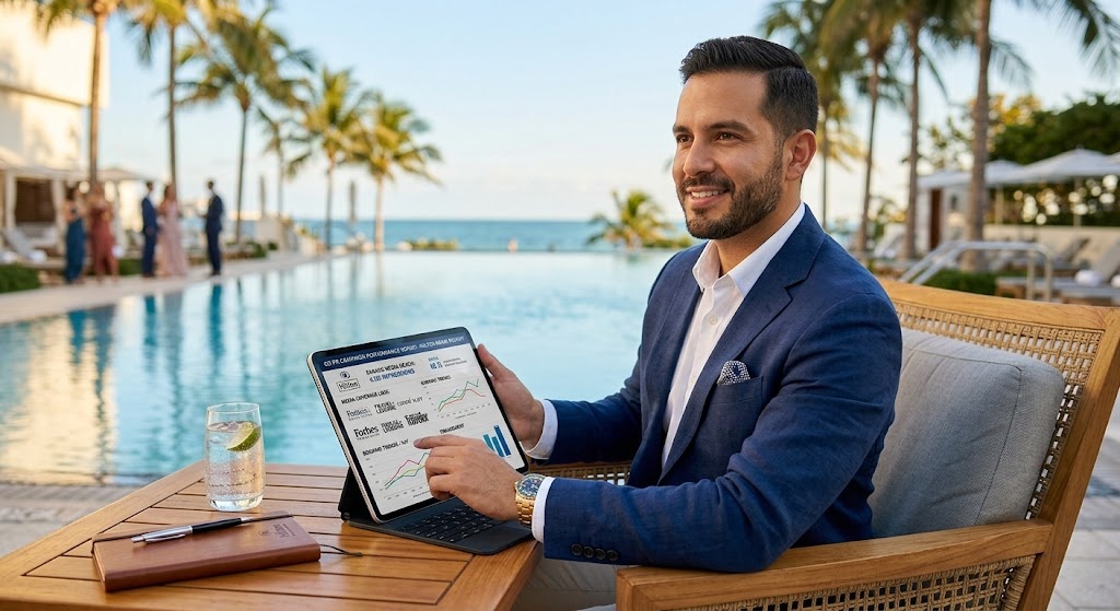 rbb Communications hospitality PR award wall and campaign results board in Miami agency office