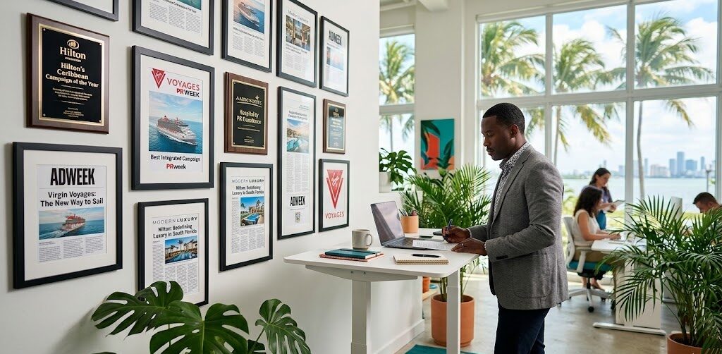 rbb Communications hospitality PR award wall and campaign results board in Miami agency office