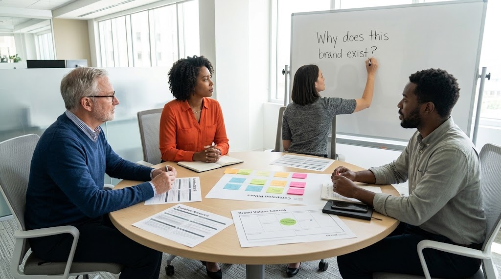 A brand communications team gathered around a strategy table covered with campaign value statements, mission documents, and audience research, planning a purpose-driven PR strategy.
