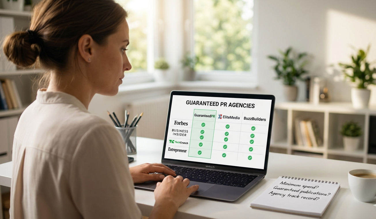 Founder comparing guaranteed PR agencies on a laptop with agency logos and Forbes masthead visible on screen