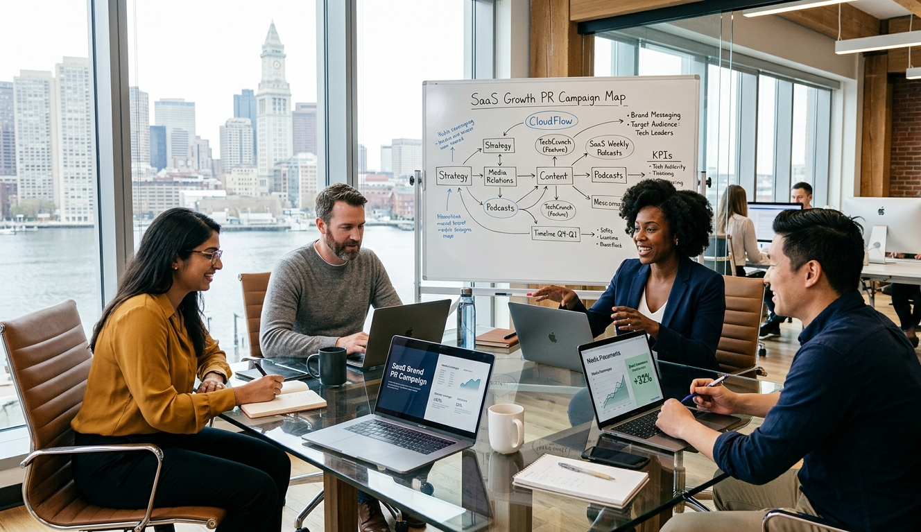 360PR+ agency team collaborating on a SaaS brand PR strategy in a modern Boston office