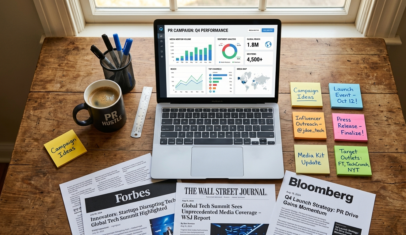 Ketchum PR agency campaign planning tools including media analytics dashboard and press clippings from major publications