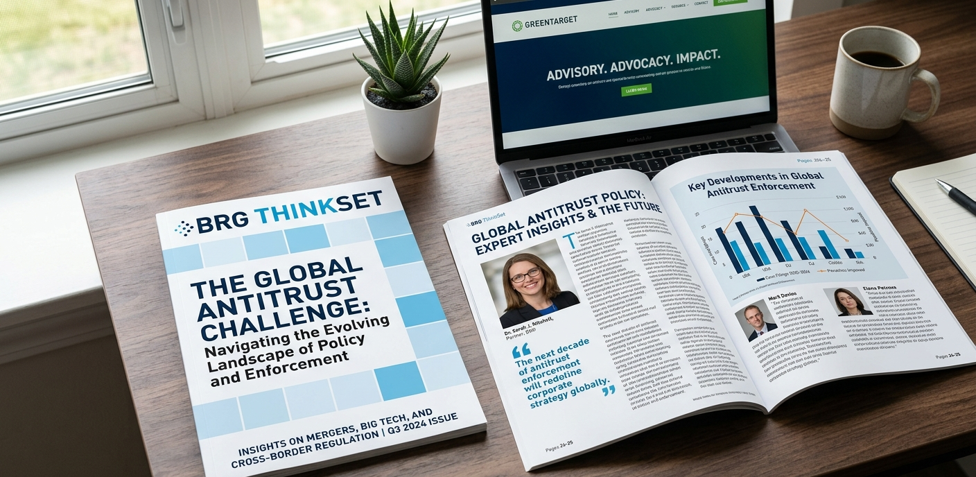 BRG ThinkSet magazine cover and internal spread showing Greentarget PR agency thought leadership content for antitrust professionals.