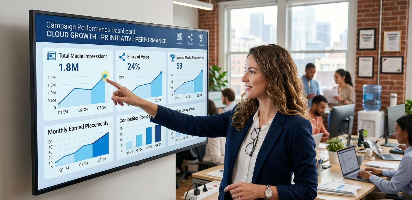 360PR+ SaaS brand PR campaign results chart showing media impressions growth for a tech client
