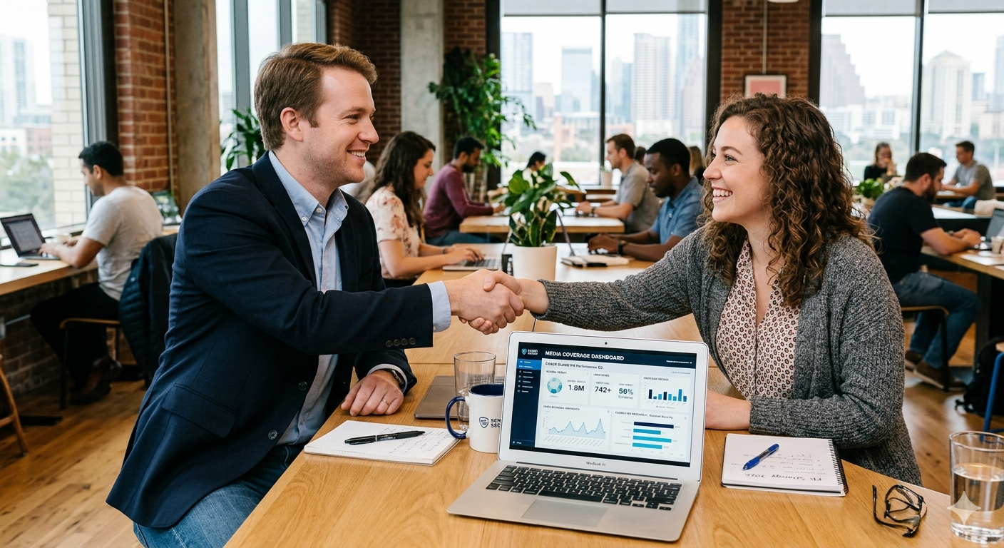 SaaS startup founder meeting Touchdown PR Austin agency team to discuss B2B tech communications strategy