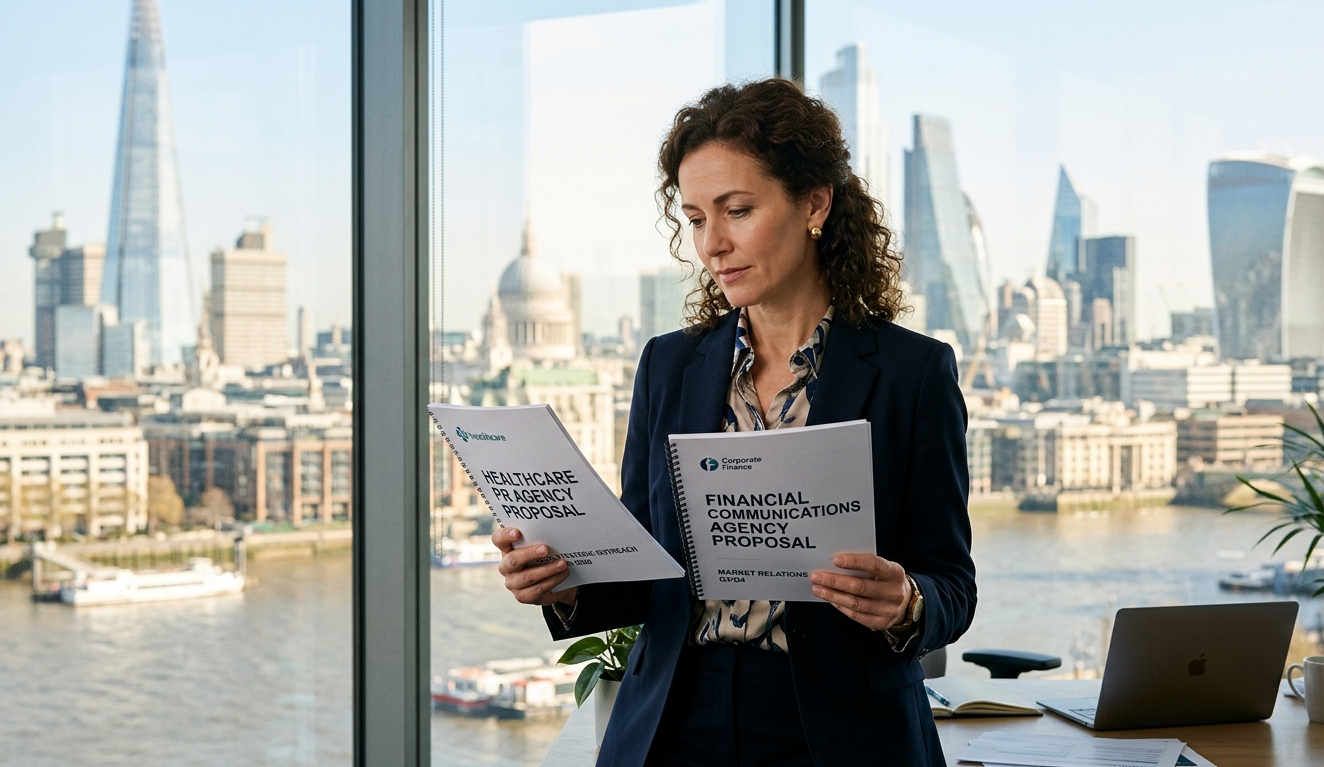 Senior marketing director comparing MSL healthcare PR proposal versus Hanover Communications financial PR proposal in a London office