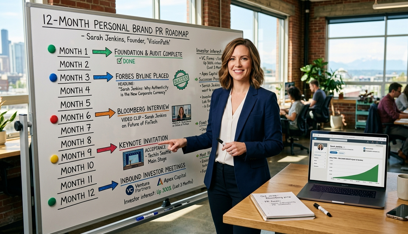 Founder reviewing a 12-month personal brand PR roadmap with increasing media coverage metrics, investor meeting requests, and speaking invitations shown on a strategy board