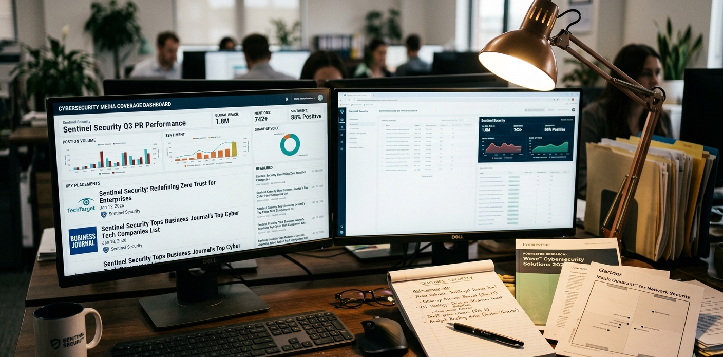 Touchdown PR Austin SaaS agency showing B2B tech media coverage dashboard with cybersecurity client results