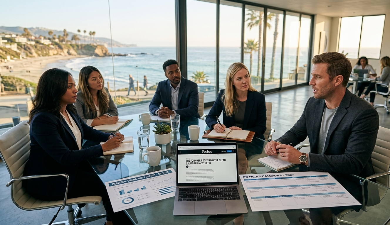 Confident startup founder reviewing a personal brand PR media placement strategy with the 9-Figure Media team in a modern California office