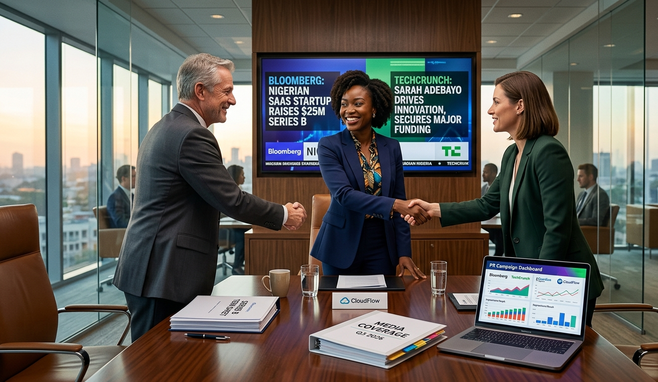 Nigerian startup founder shaking hands with international investors at a Series B funding announcement meeting, with media coverage visible on screens behind them