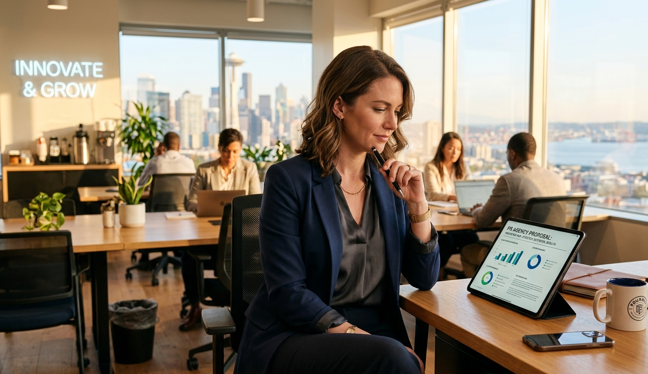 Entrepreneur reviewing Ketchum PR agency proposal to determine if it fits her business goals and budget