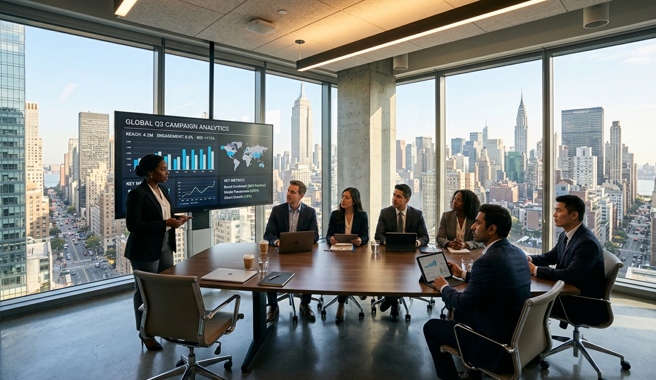 Ketchum PR agency team reviewing integrated communications strategy in a modern New York City boardroom