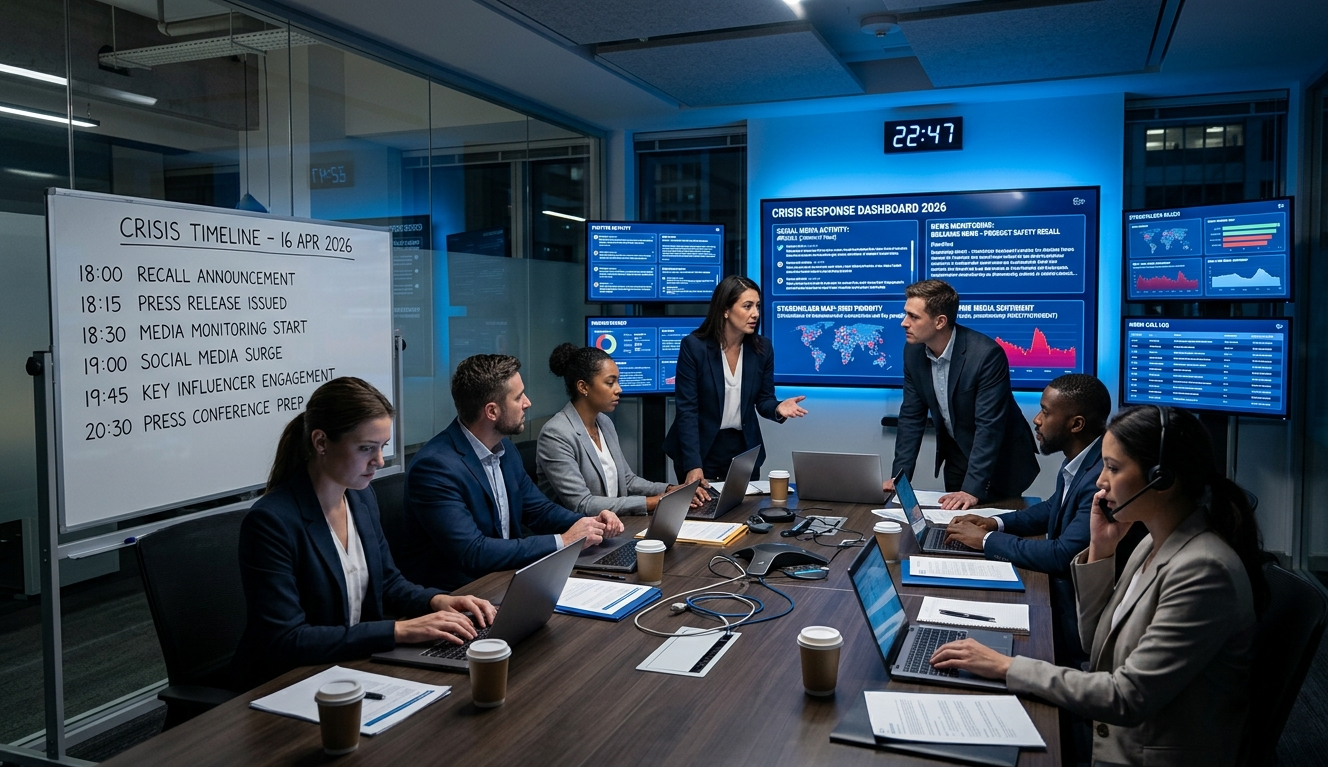 Davies Public Affairs crisis communications war room with team managing a corporate issue response across digital and media channels