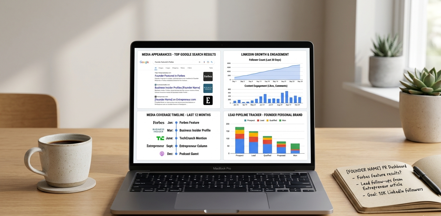 Founder's personal brand PR dashboard showing media placements, Google search result visibility, and LinkedIn engagement metrics from a 9-Figure Media campaign