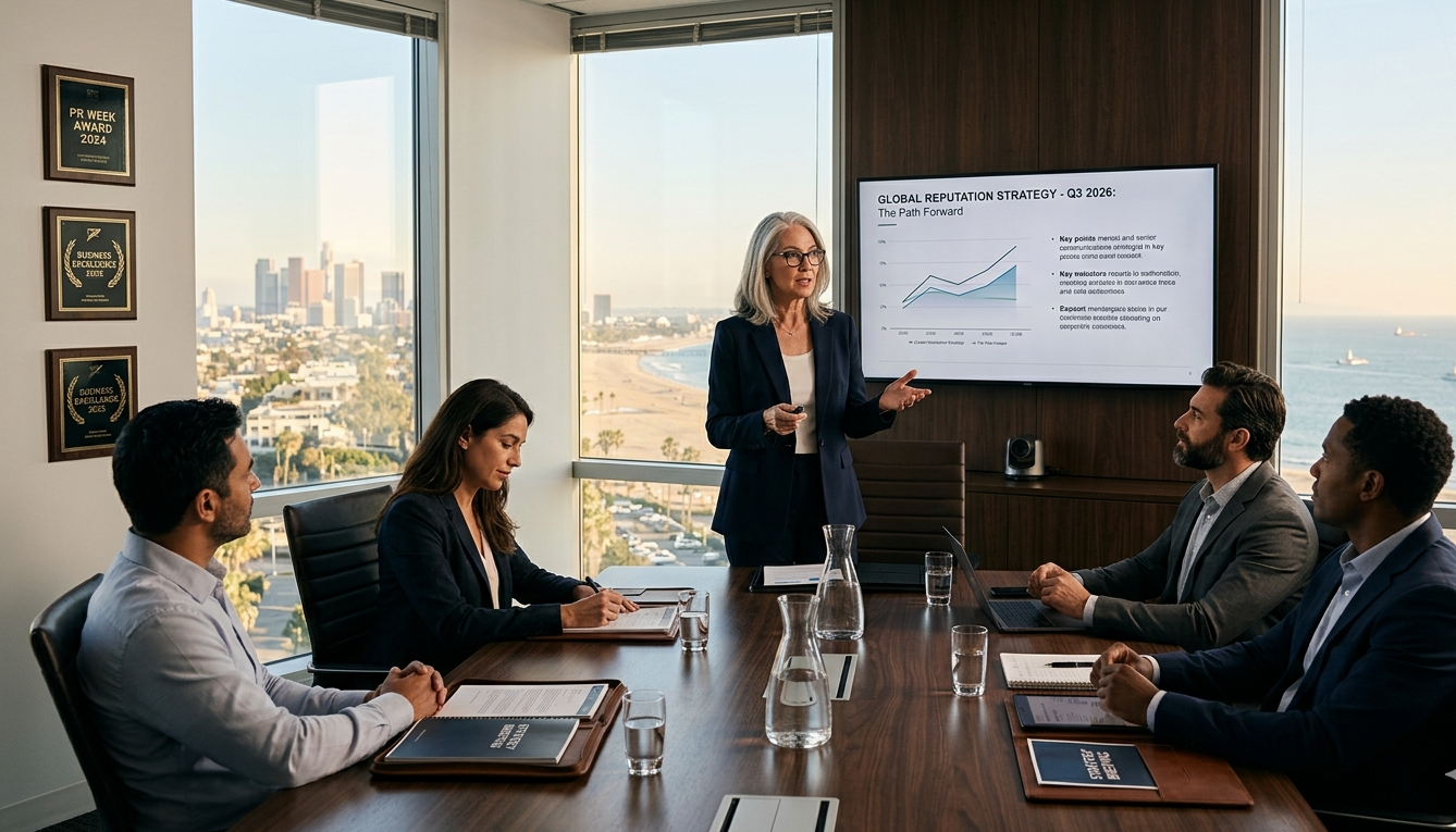 Davies Public Affairs CEO John Davies leading a strategic communications briefing with corporate clients in a professional conference room