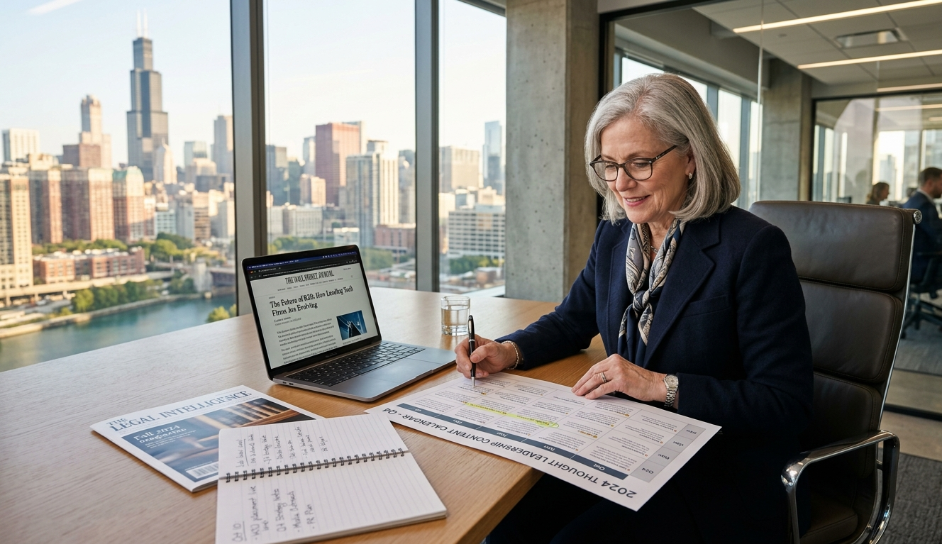 Greentarget PR agency strategist reviewing a thought leadership campaign plan for a law firm client in a Chicago office
