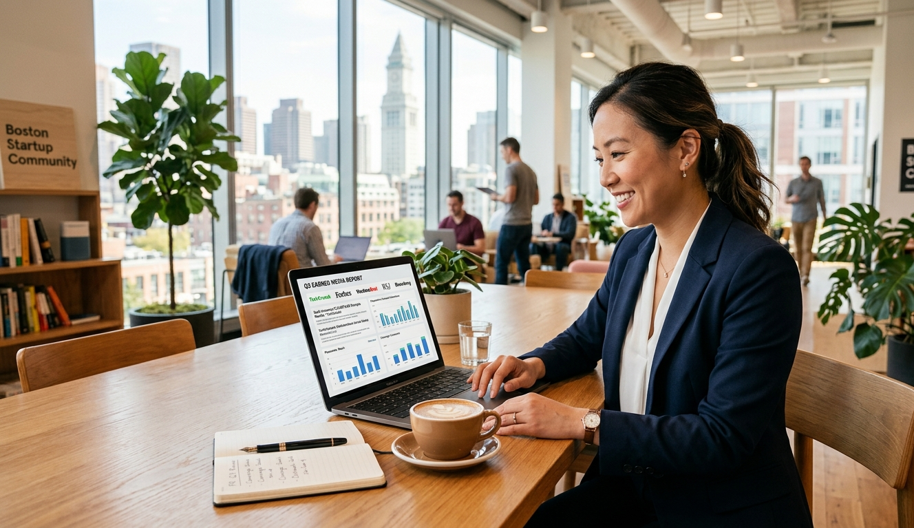 SaaS startup founder reviewing 360PR+ agency media coverage results on a laptop in a modern coworking space