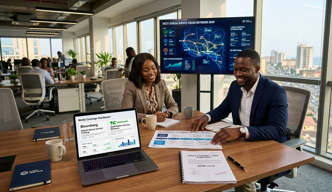African startup founders reviewing a strategic public relations campaign plan for Series B fundraising in a Lagos technology office
