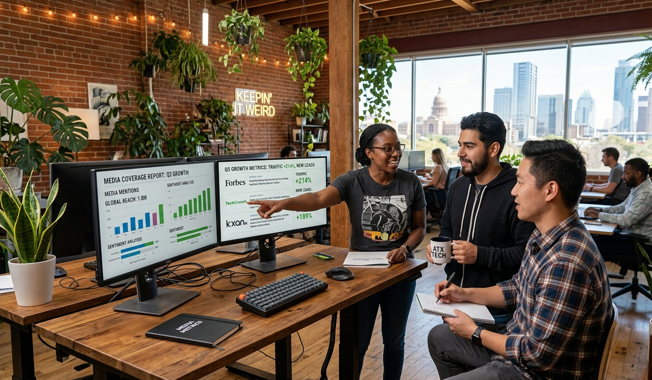Touchdown PR B2B tech startup team reviewing media coverage results in their Austin Texas office