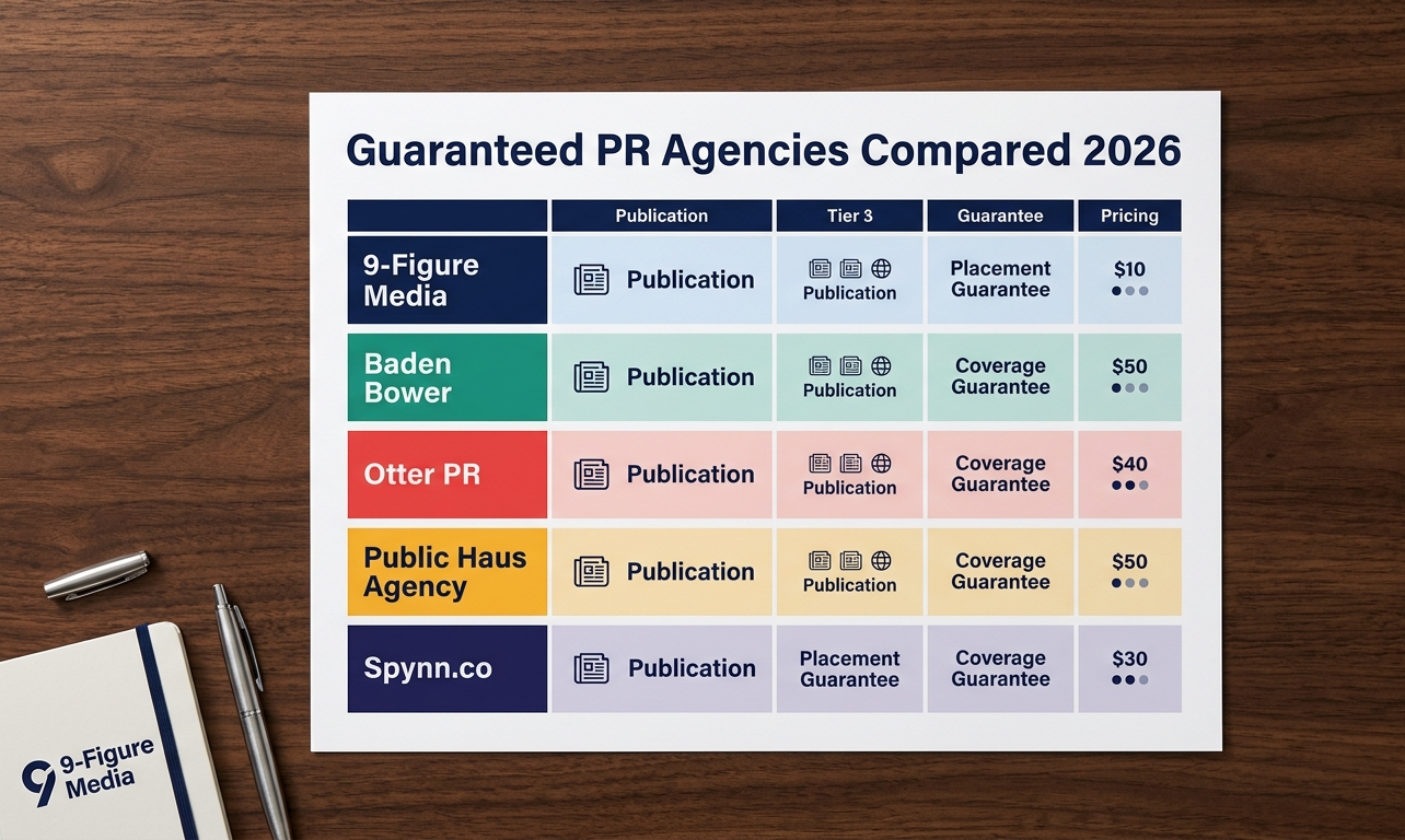 Side-by-side comparison infographic of guaranteed PR agencies showing publications, guarantee types, and pricing tiers