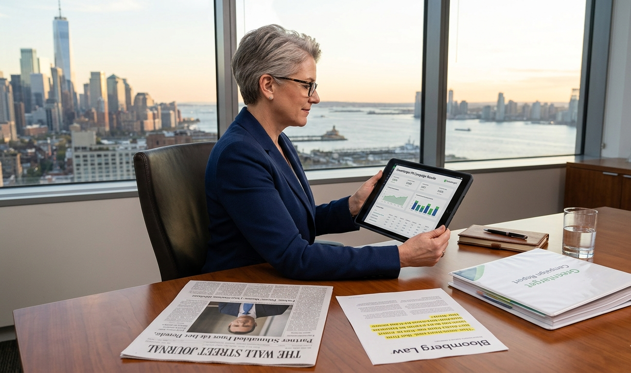 Law firm CMO reviewing Greentarget PR agency thought leadership results on a tablet in a Wall Street law office with city views