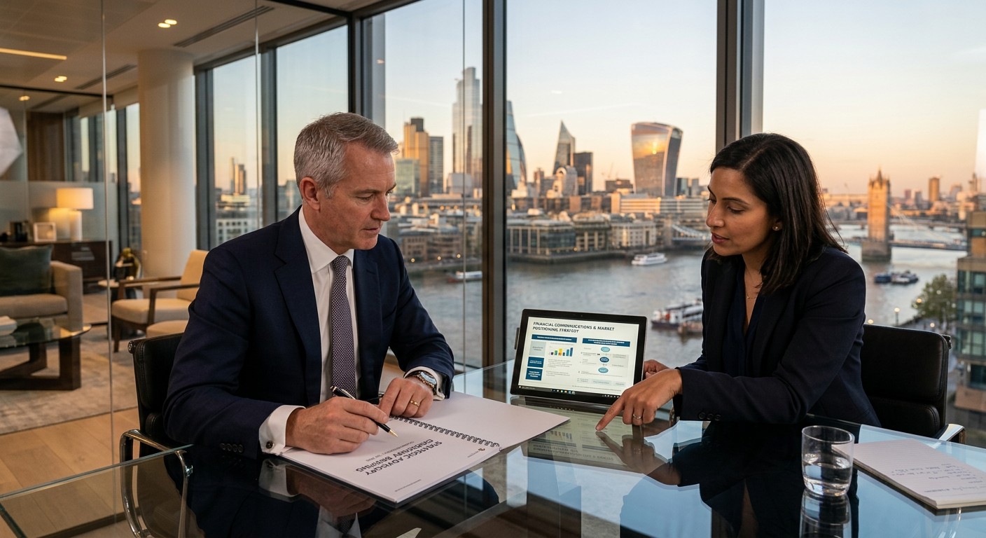 FTSE 100 CEO reviewing Teneo CEO advisory briefing document alongside a communications strategist in a London high-rise office