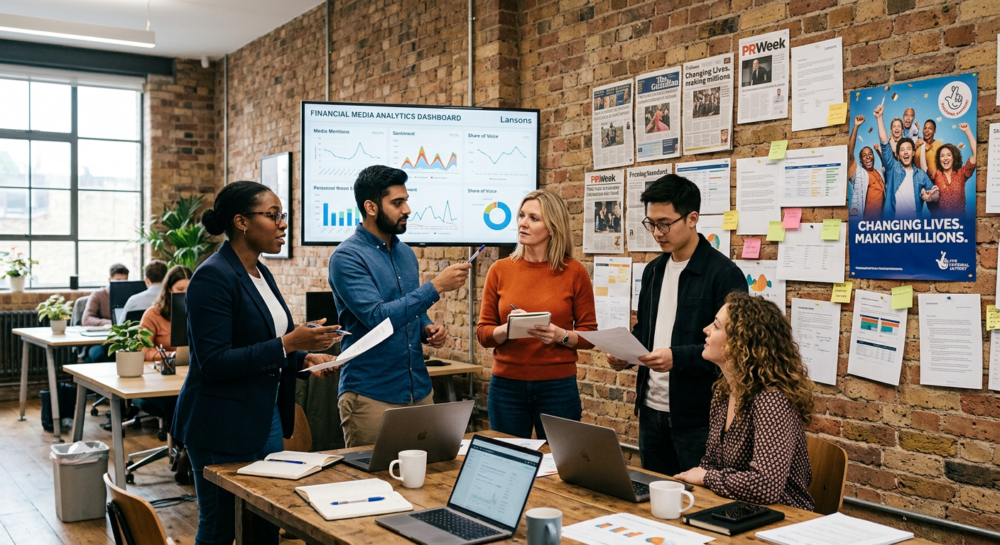 Lansons integrated communications team collaborating on UK corporate and financial PR campaigns in a modern London office