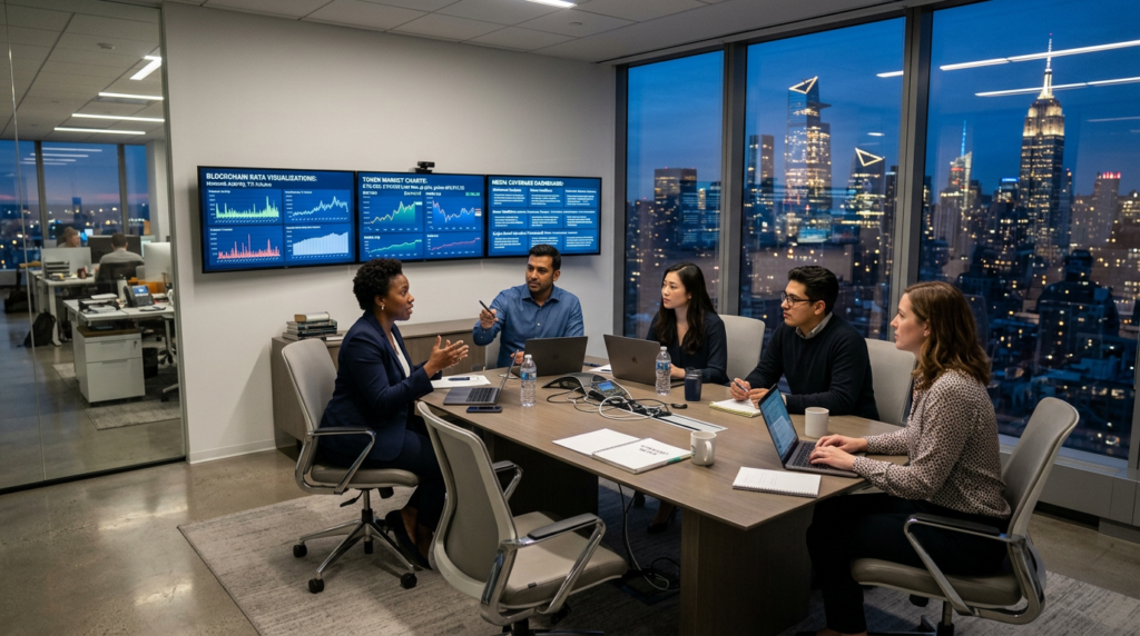 A diverse team of five professionals reviews a cryptocurrency brand narrative framework on multiple monitors.