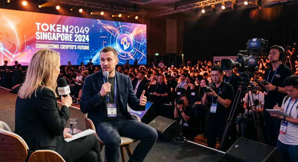 The founder, a man in his 30s, speaks confidently into a microphone with a large LED conference backdrop behind him