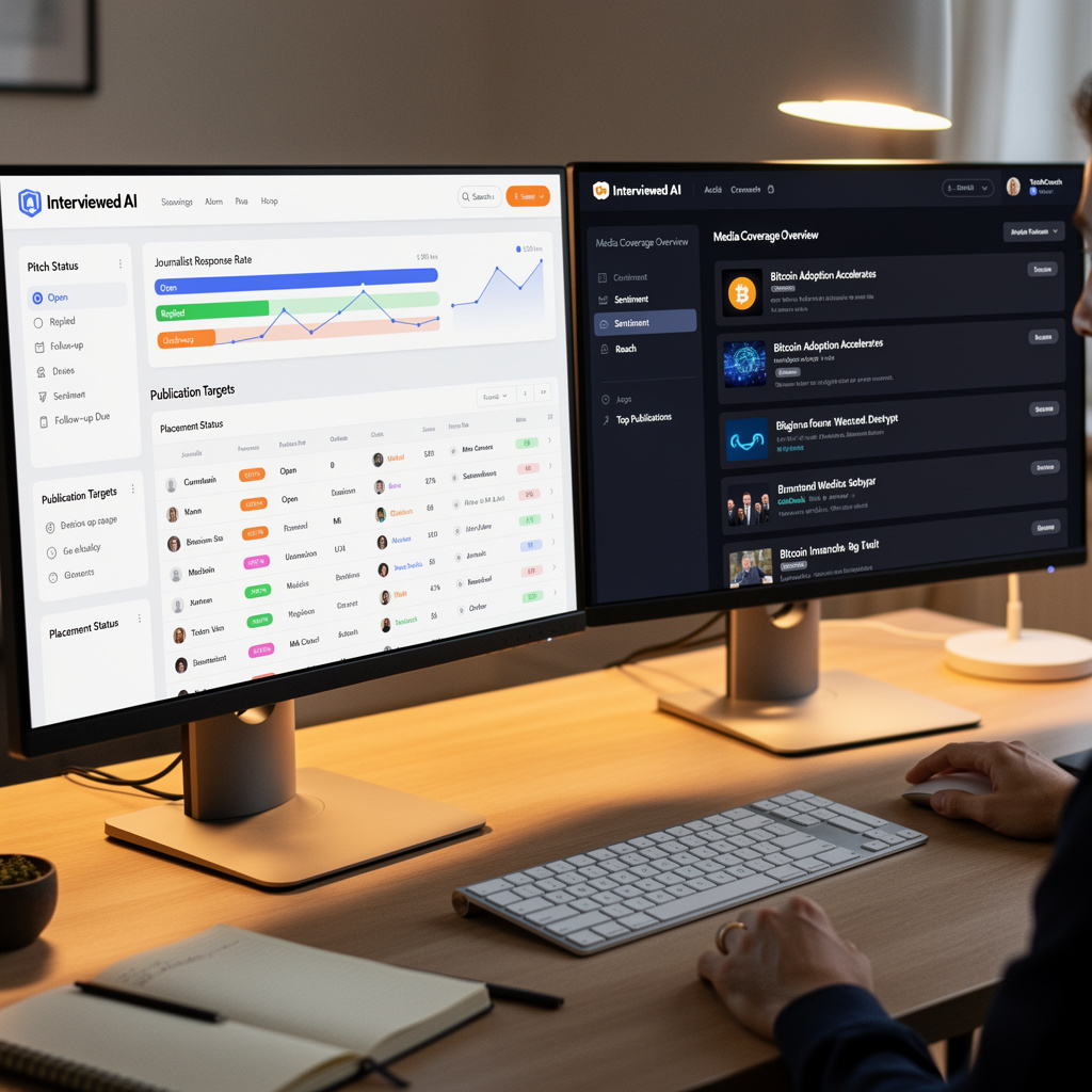 Interdependence Web3 PR agency Interviewed AI platform dashboard showing crypto blockchain client media placement tracking and journalist outreach results