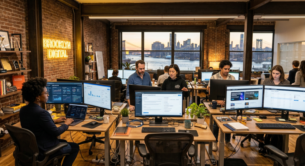 Interdependence Web3 PR agency team using AI-powered media tools to manage crypto blockchain brand communications in a modern Brooklyn-style tech office
