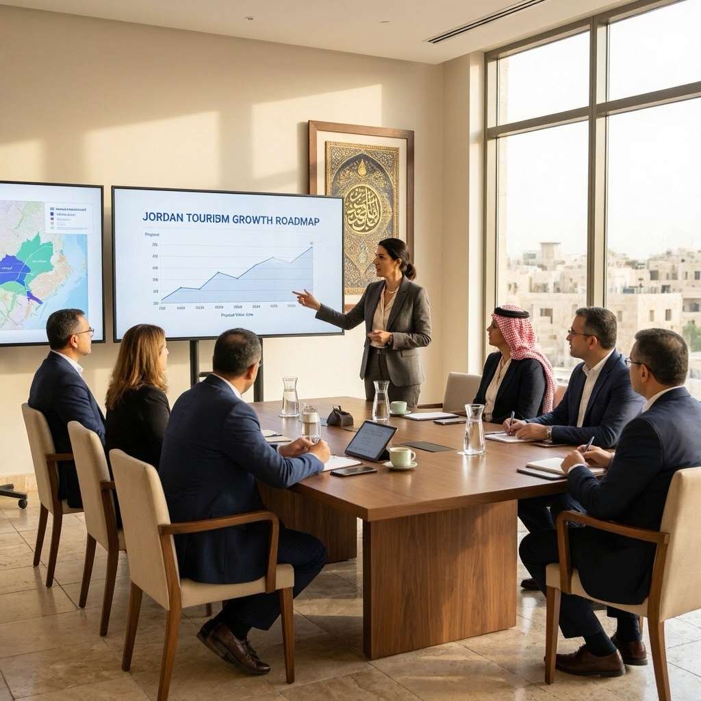 inn Partners tourism campaign strategy presentation to Jordan Tourism Board officials showing visitor growth data and destination PR roadmap