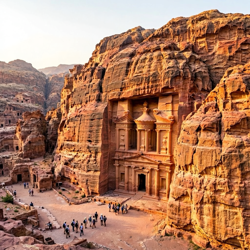 Finn Partners tourism campaign, Jordan Petra destination PR case study showing visitors exploring the ancient archaeological site at golden hour