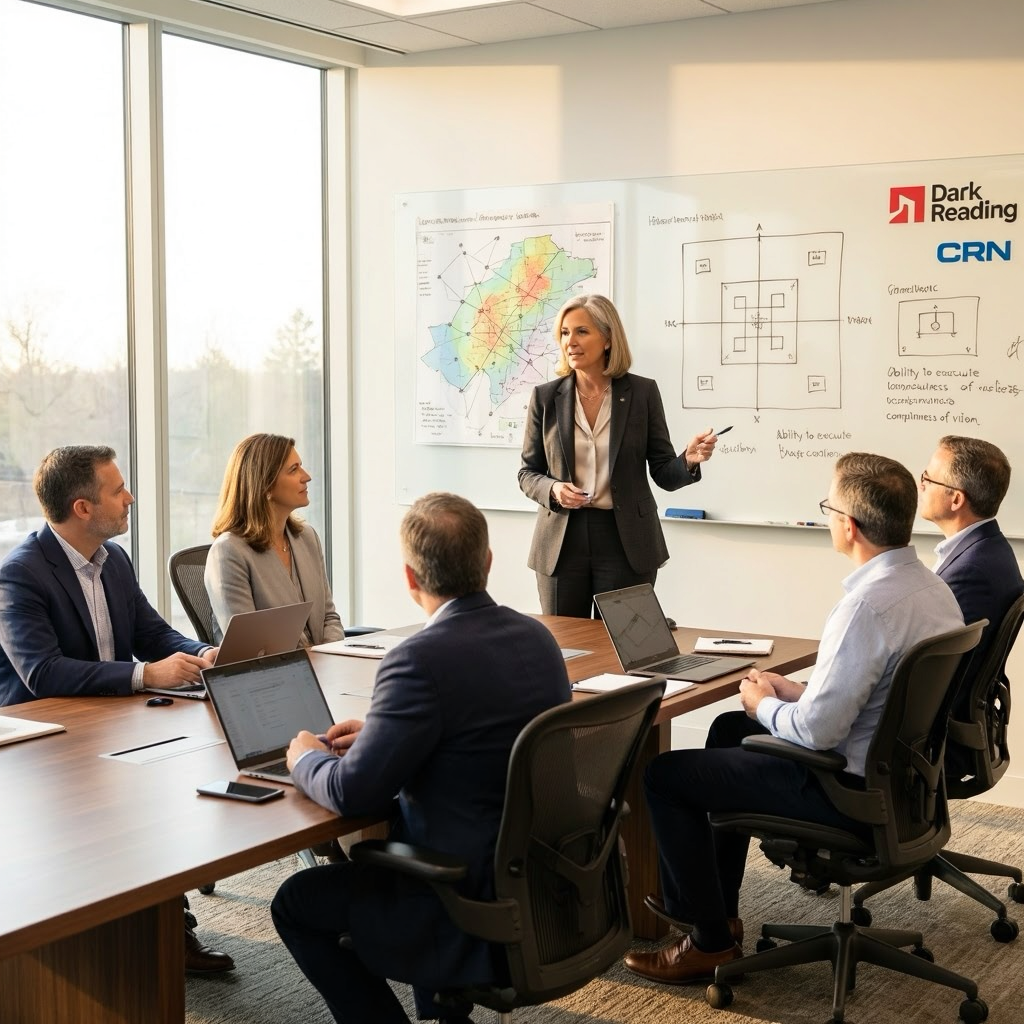Guyer Group enterprise tech PR agency analyst relations strategy session showing cybersecurity client team reviewing Gartner and trade media coverage programme