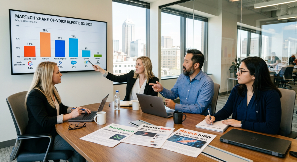 BLASTmedia B2B SaaS PR agency team reviewing share-of-voice media analytics and competitive benchmarking report for a martech software client