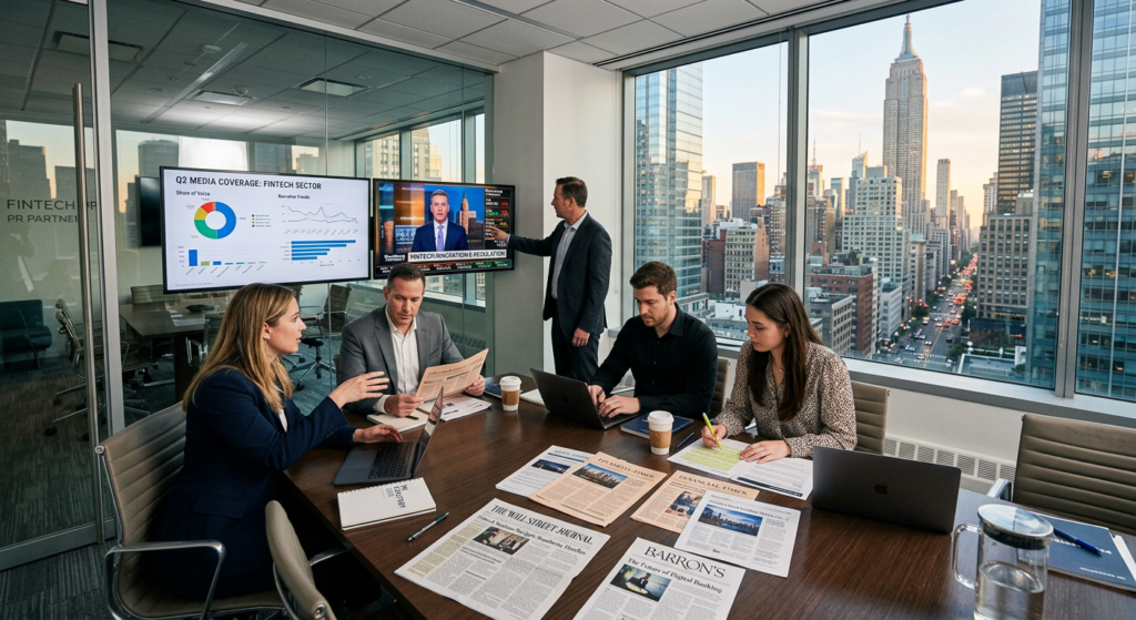 Dukas Linden vs Cognito fintech PR agency strategy session in a New York financial communications office reviewing media results