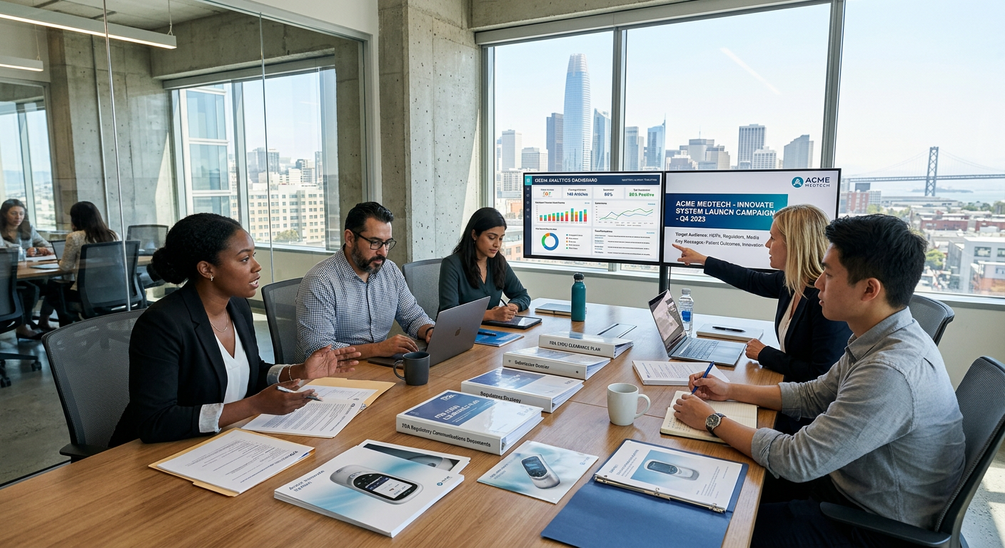 BOCA vs Lazar Partners medtech pharma PR comparison showing specialist healthcare communications strategy session with B2B medical device brand launch materials in San Francisco office
