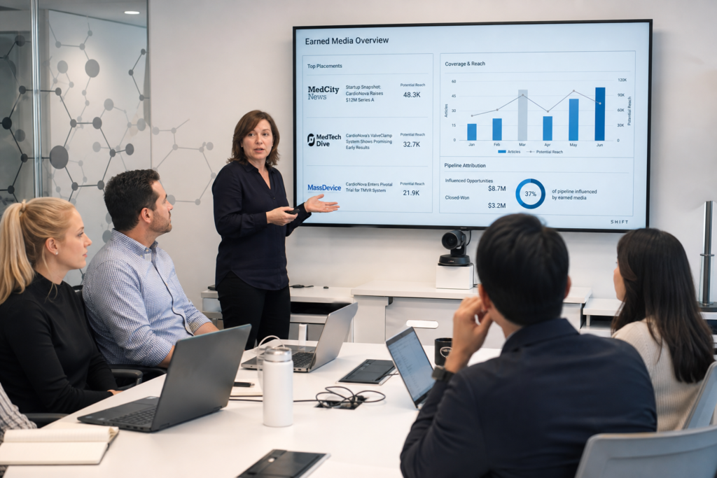 📸 IMAGE 2 — Middle Placement Prompt: Photorealistic image of a healthcare communications strategy meeting at a biotech company headquarters. A senior PR strategist presents a media coverage analytics report to a medical device company's marketing team. The monitor shows earned media placements in trade publications including MedCity News and MedTech Dive alongside pipeline attribution data. The room has clean white walls with molecular diagrams subtly printed on a glass partition. Documentary realism, clinical lighting. Alt Text: BOCA vs Lazar Partners healthcare PR comparison showing biotech marketing team reviewing digital PR analytics with trade media coverage and pipeline attribution data
