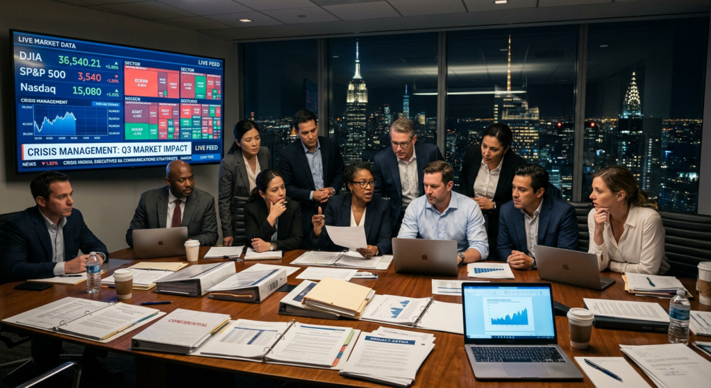 Joele Frank M&A crisis communications team in a high-pressure corporate war room managing a high-stakes deal from collapse