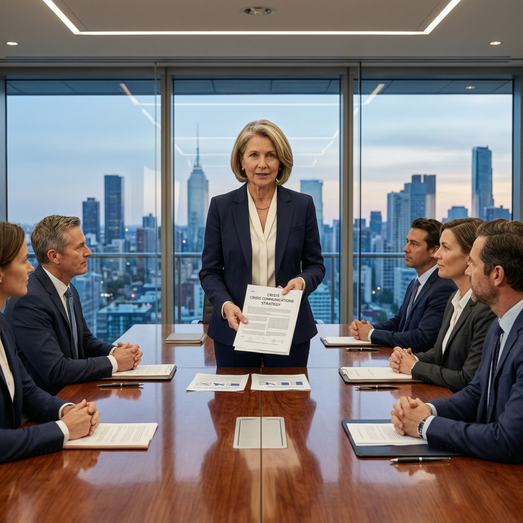 Senior board director presenting M&A crisis communications strategy to executives, representing Joele Frank's approach to special situations PR counsel