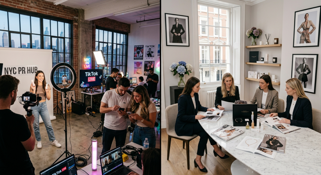 Alt Text: SHADOW influencer-led PR agency versus Purple traditional luxury PR agency comparison showing two contrasting brand communications environments.