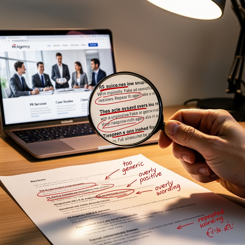 Person using a magnifying glass to scrutinise PR agency reviews on a printed list, identifying red flags and misleading testimonials before choosing a communications partner