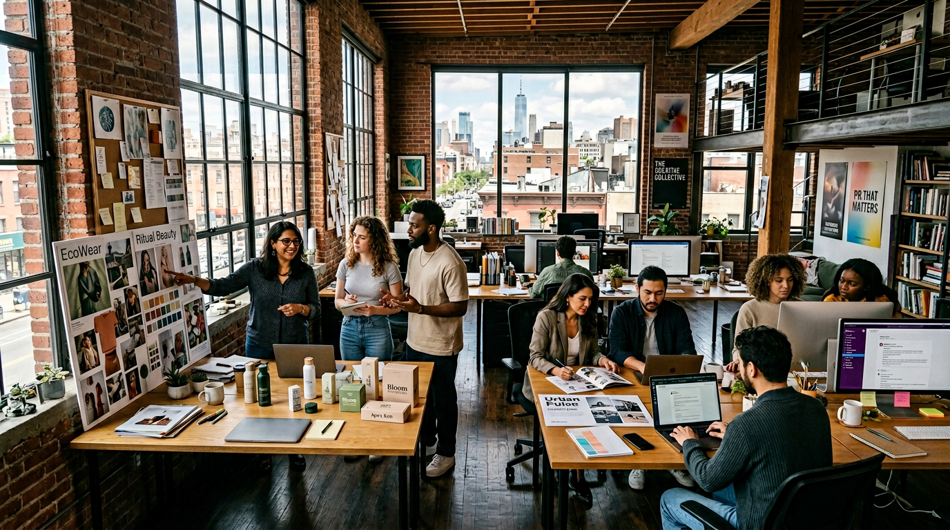 Derris entertainment PR Brooklyn creative agency team working on brand storytelling campaigns for consumer lifestyle and media clients in a New York loft office