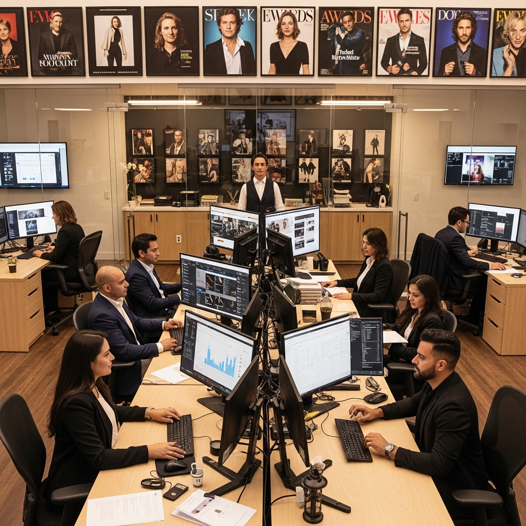 ID entertainment corporate PR agency Hollywood team managing awards season campaign across social media analytics, trade press coverage, and talent communications in Los Angeles office