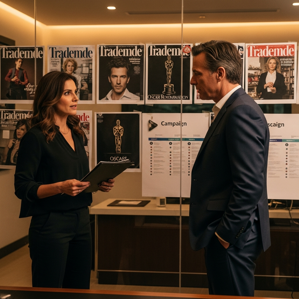 ID entertainment corporate PR agency senior publicist reviewing Oscar awards campaign strategy with film director client in Beverly Hills office showing campaign timeline and trade press materials