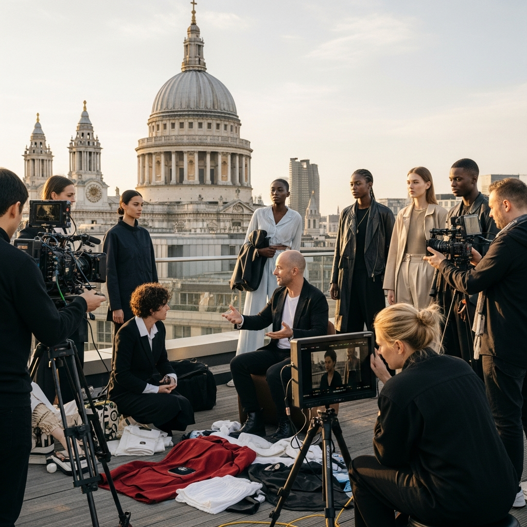 Freud's fashion week success content production showing cinematic documentary shoot for emerging fashion brand at London rooftop location with St Paul's Cathedral backdrop