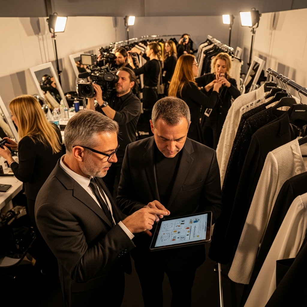 Freuds fashion week success campaign showing PR strategist and fashion brand creative director reviewing London Fashion Week brand transformation plan backstage
