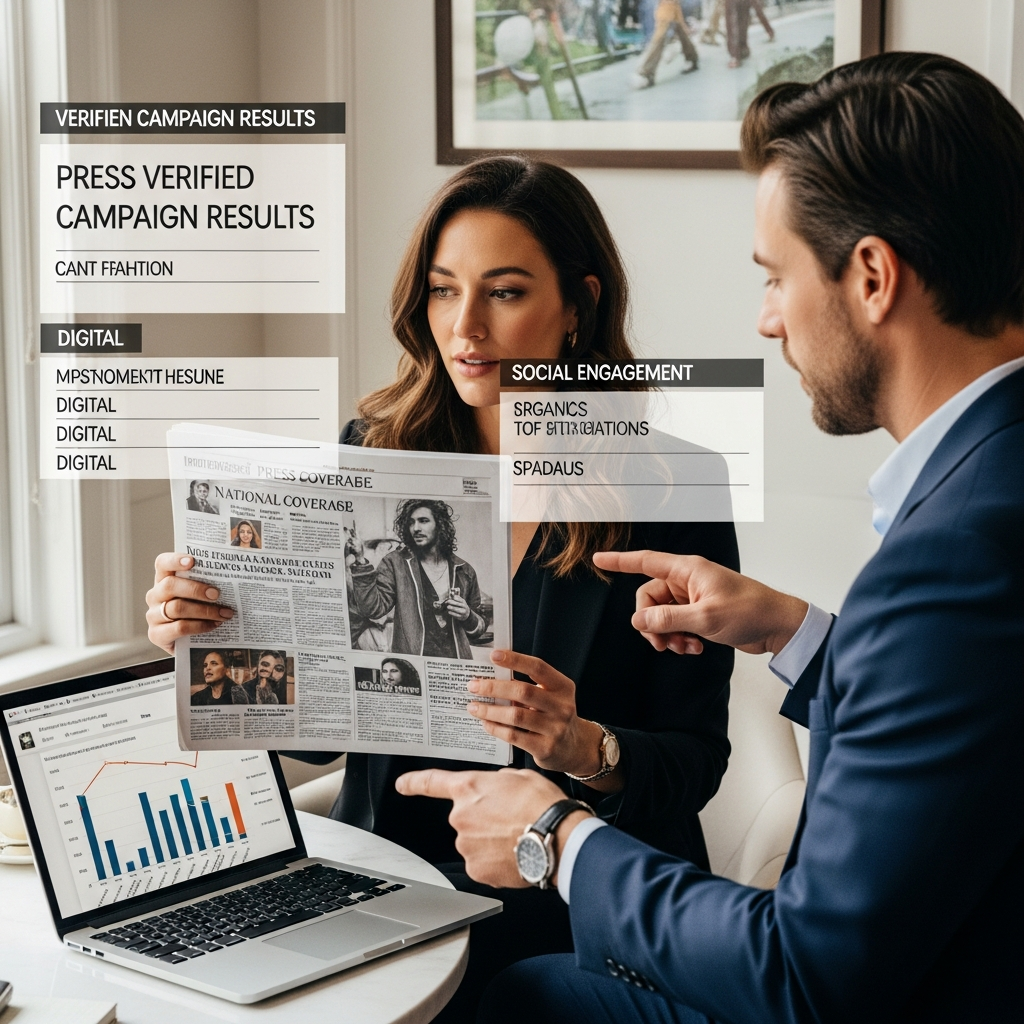 Freuds fashion week success post-campaign results review showing fashion brand founder and PR strategist reviewing verified press coverage and social analytics in London office
